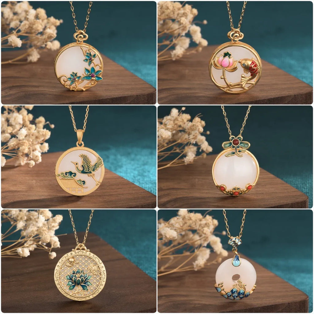 24k gold-plated Hetian jade peace buckle necklace with O-ring chain on collarbone