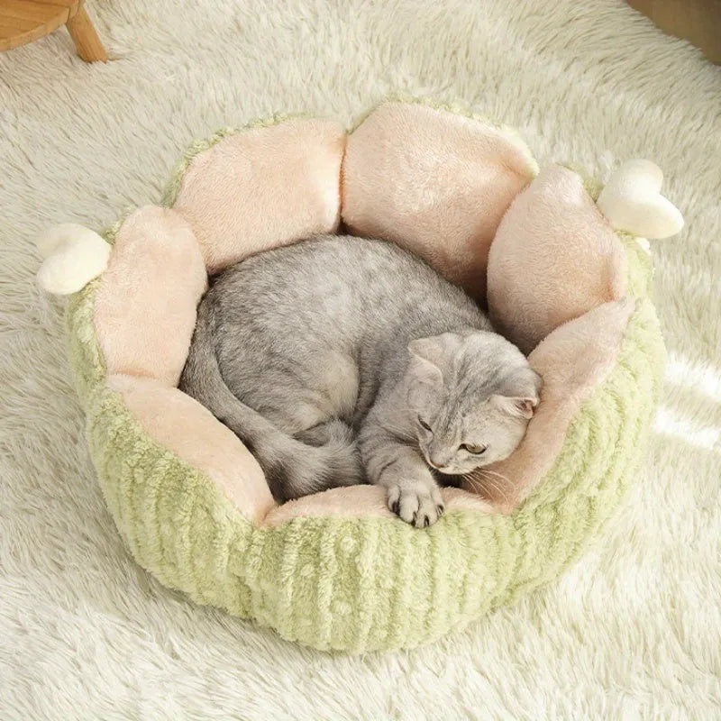 Green soft-lined cat litter kennel with four openings, shown next to a smaller purple version.