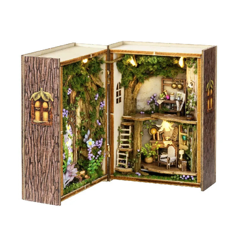 DIY Cottage MINI cut-free paper-cut flip-type wooden building model with flash function in colour box packaging