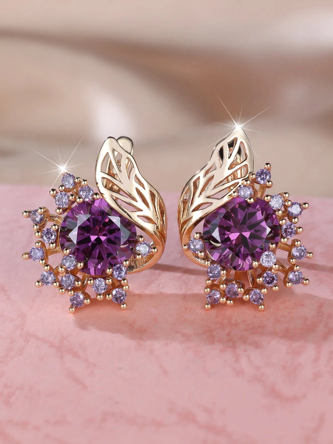 Round floral feather zircon earrings in rose gold with coloured diamond options