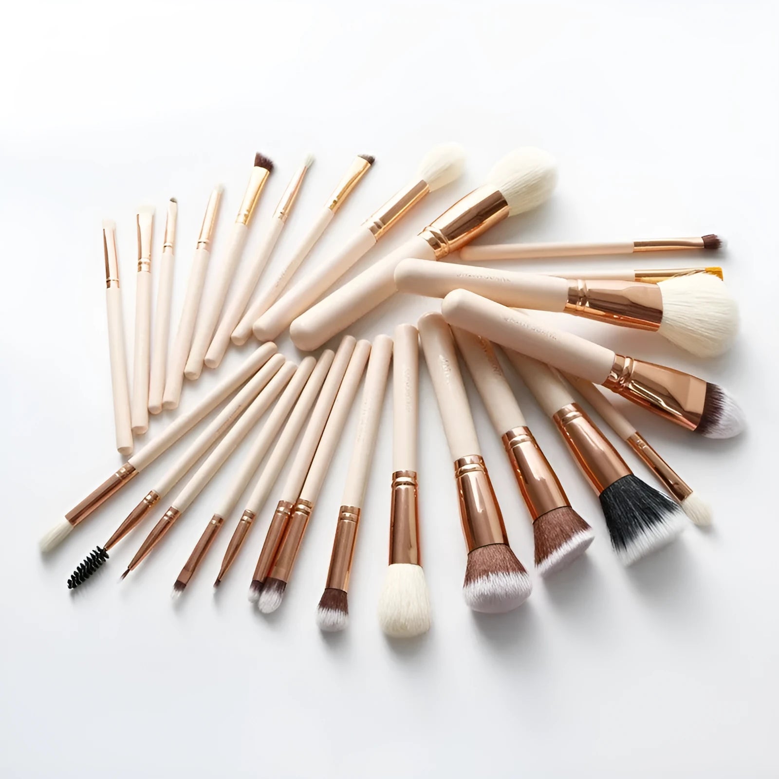 26 pink wooden-handle makeup brushes arranged in a grey PU zip case.