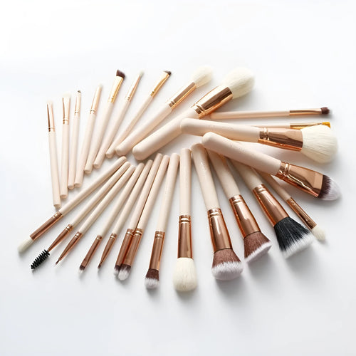 26 pink wooden-handle makeup brushes arranged in a grey PU zip case.