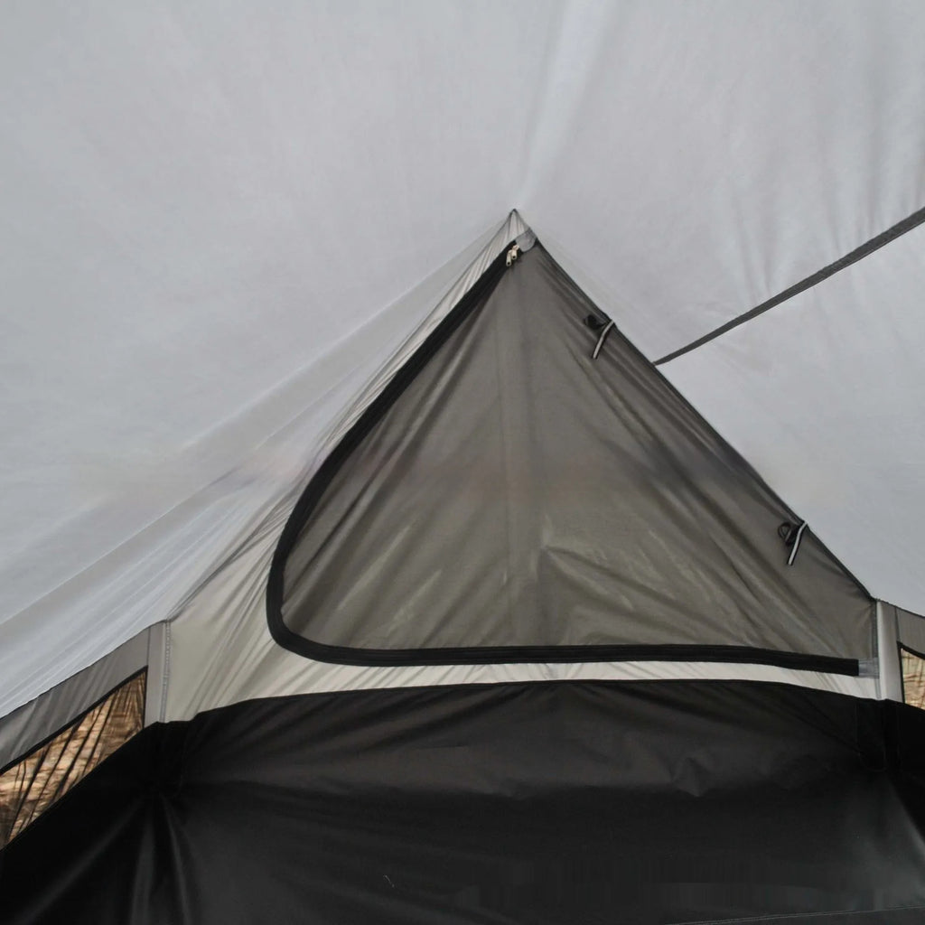 Brown or white A-line pole-free cabin tent for hiking, shown packed and pitched.