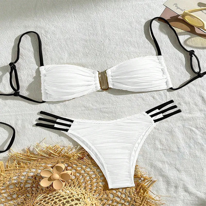 Women's fashion striped three-point polyester bikini set in khaki for beach and hot spring use