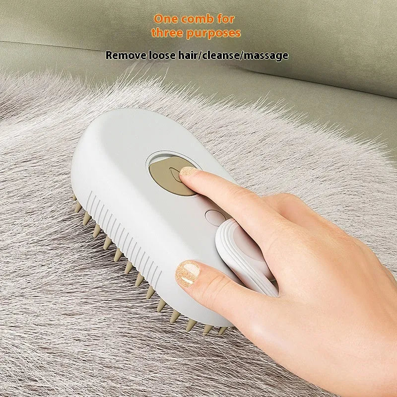 Dog grooming spray massage comb kit with wash-free essence bottle, shown in khaki colour.