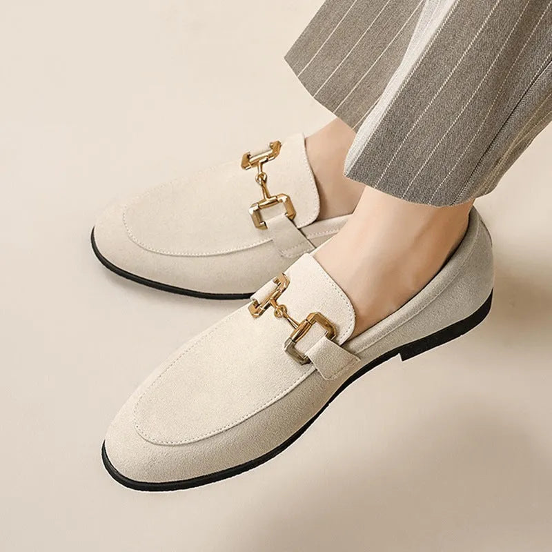 Men's plus size casual leather shoes with metal buckle, black colour, rubber outsole, side view