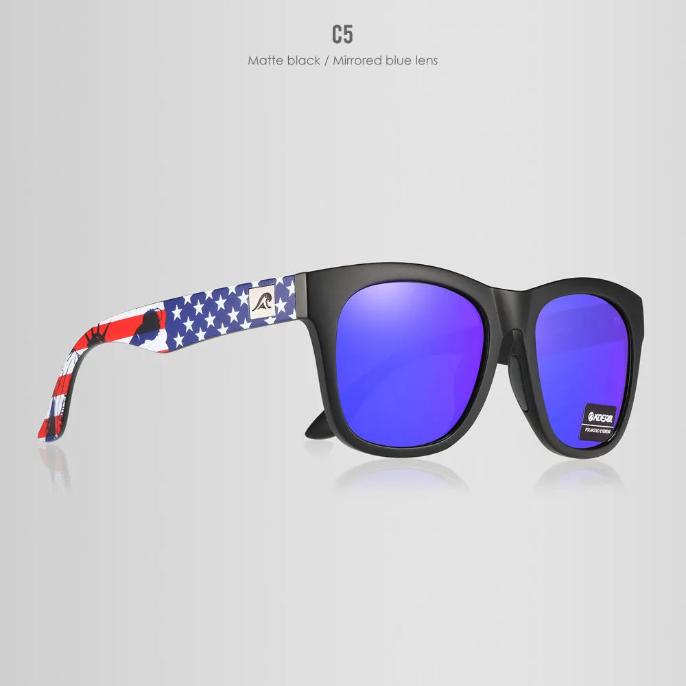 Polarised sunglasses with TAC lenses and PC frame for UV protection during outdoor activities.