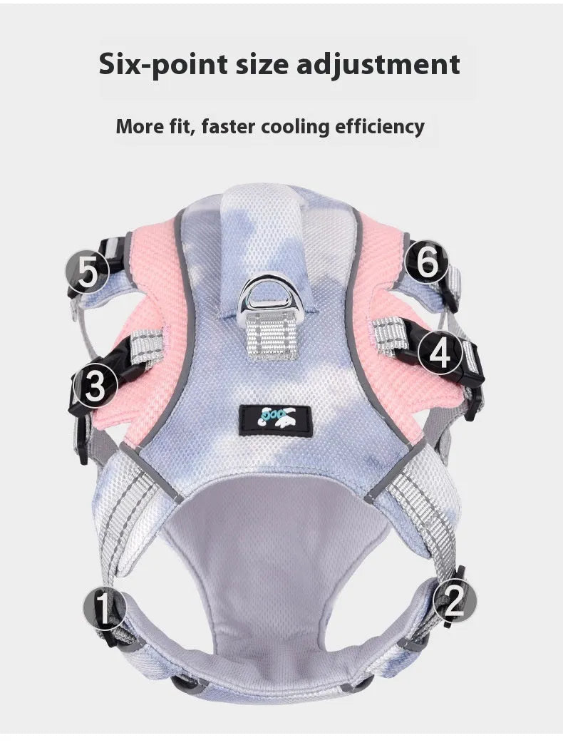 Reflective pet cooling clothes chest strap in light blue, pink, dark blue, and orange colour options