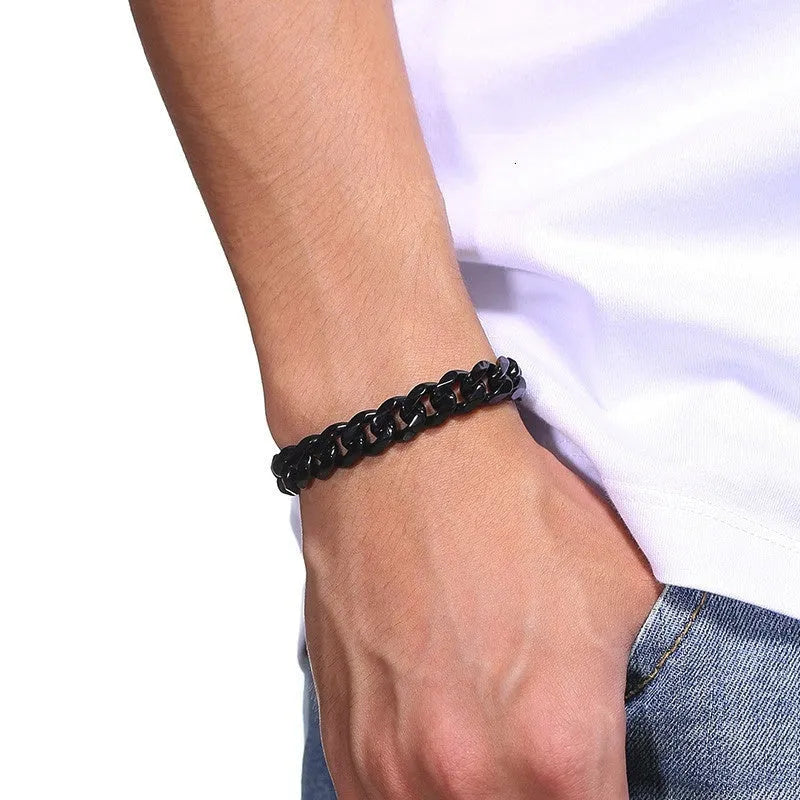 Gold six-sided Cuban link metal bracelet shown in various widths and colour options.