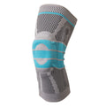 Sky blue elastic knee pads with silicone grip for sports support.
