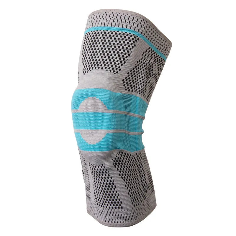 Sky blue elastic knee pads with silicone grip for sports support.