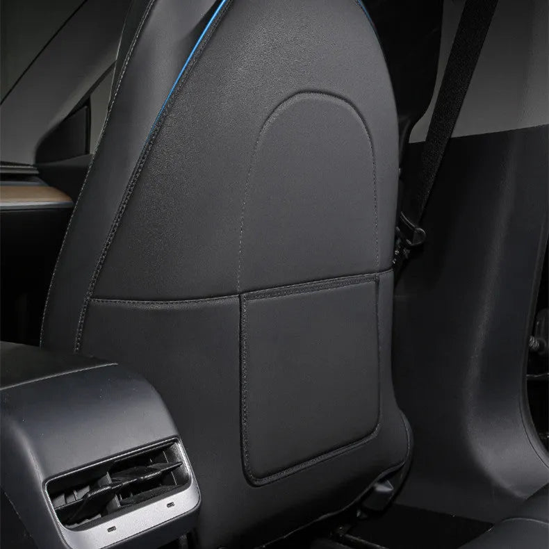 Black leather anti-kick pad for car rear seat protection with centre pocket.