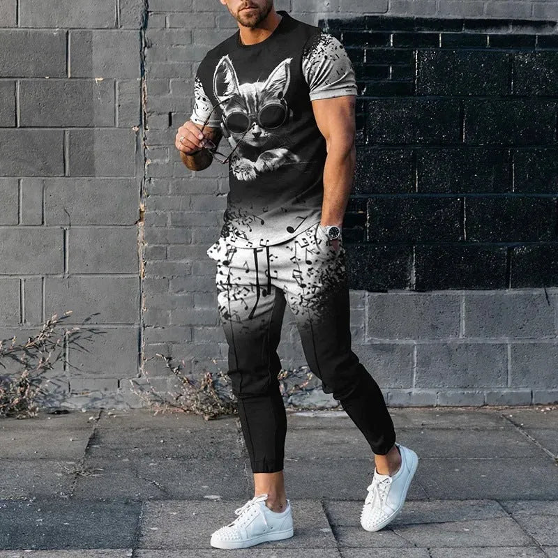 Men's short sleeve round neck T-shirt and matching trousers set in a light grey colour.