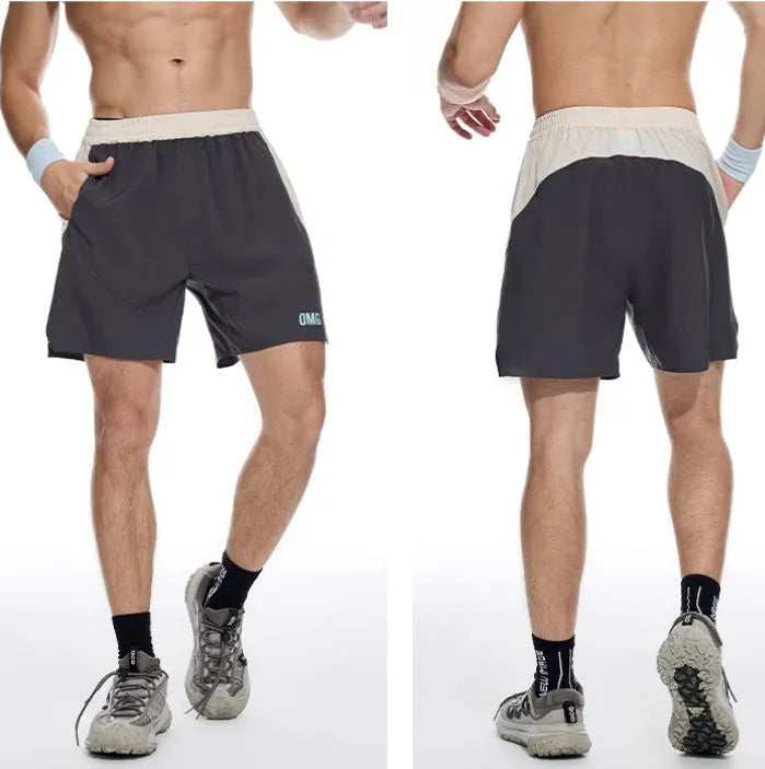 Men's loose fit dark grey workout shorts with elastic lace-up waistband for weightlifting.