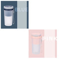 Portable electric blender cup in blue, green, or pink with USB charging cable.