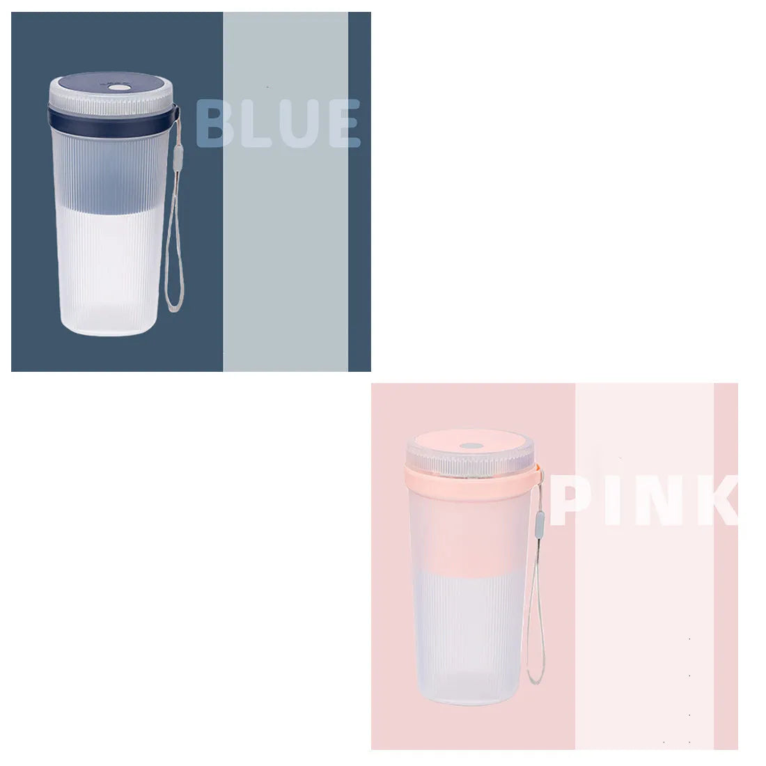 Portable electric blender cup in blue, green, or pink with USB charging cable.