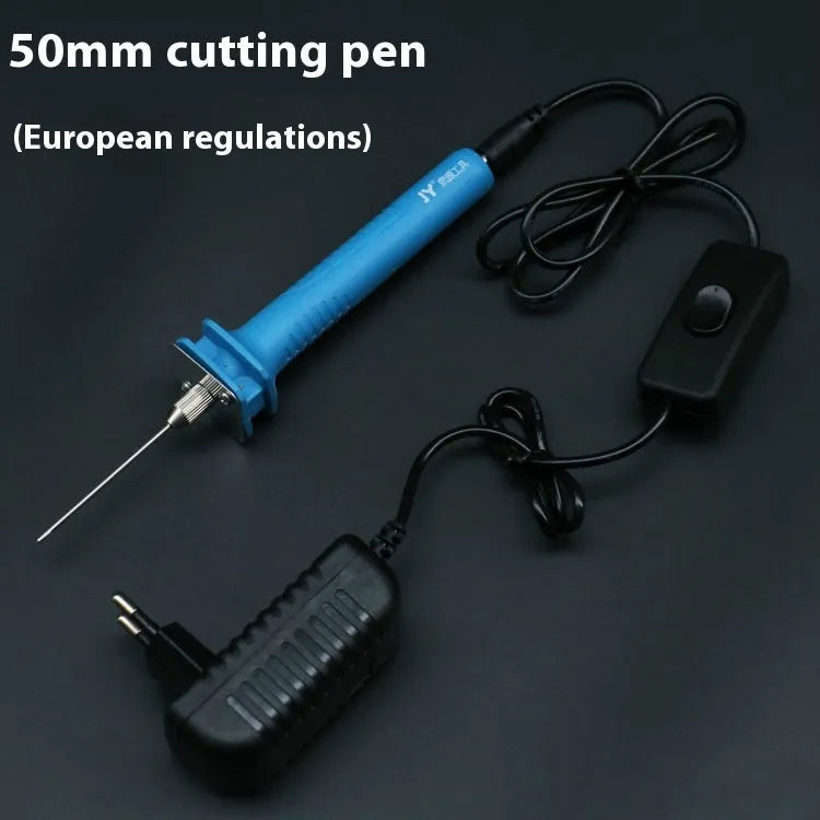 Blue electric heating cutter pen with plastic handle for cutting foam and pearl cotton, shown with power adapter.