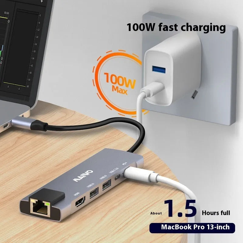 Steam Deck six-in-one docking station with aluminium alloy shell showing HDMI, Ethernet, and USB ports