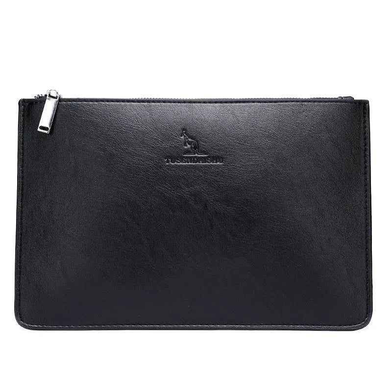 Men's soft PU leather clutch wallet showing card slots and zipper pocket in checkered pattern