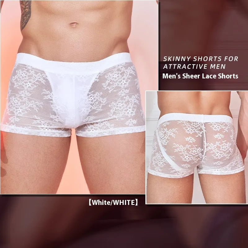 Men's nylon boxer briefs with decorative lace trim panels in black, white, and red colour options