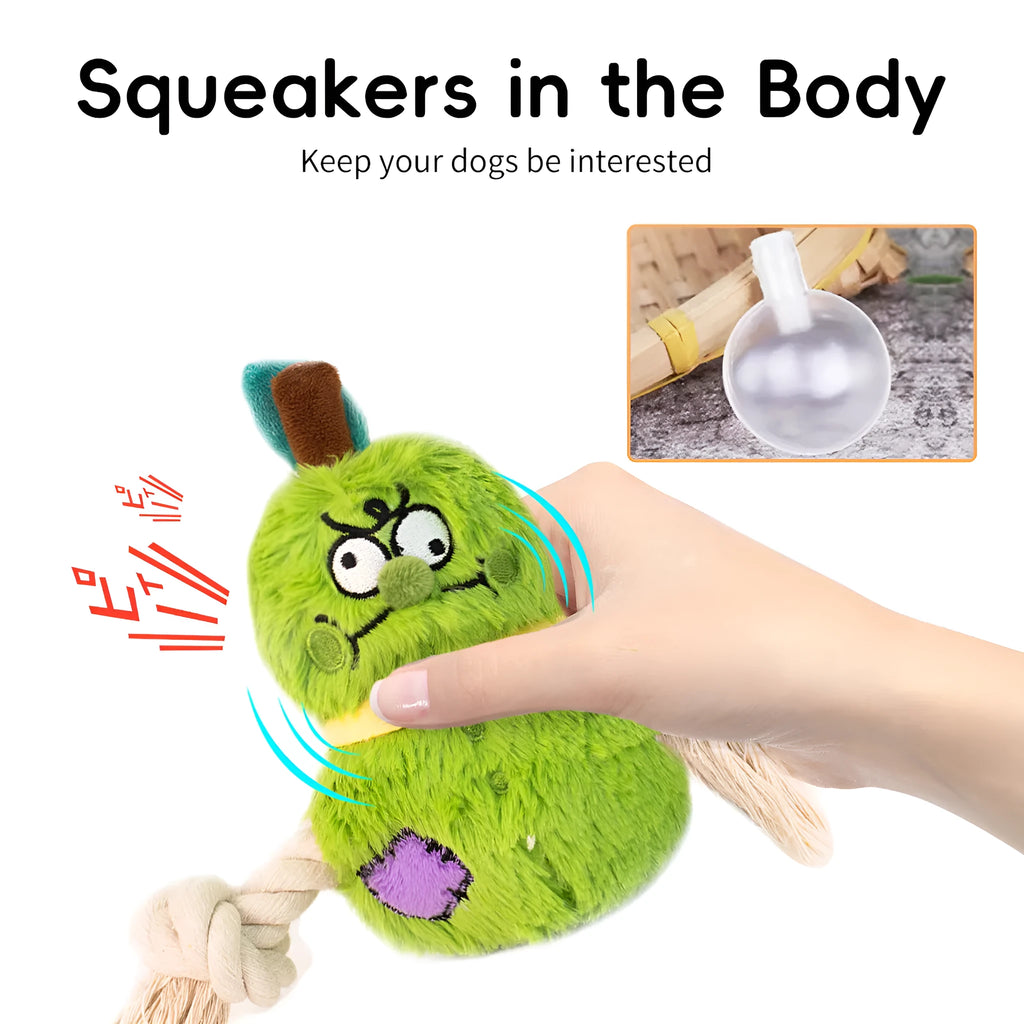 Green and purple interactive dog toy with plush rope knot design for tug of war games