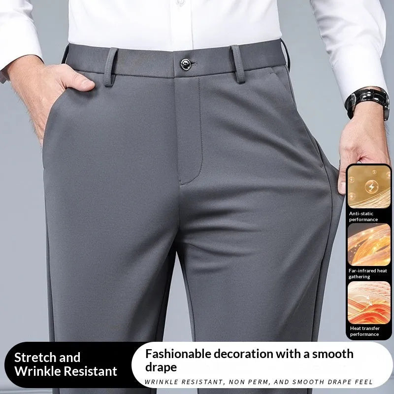 Men's autumn winter thick casual pants in sapphire blue with high elasticity waist, polyester fabric, size 29-40