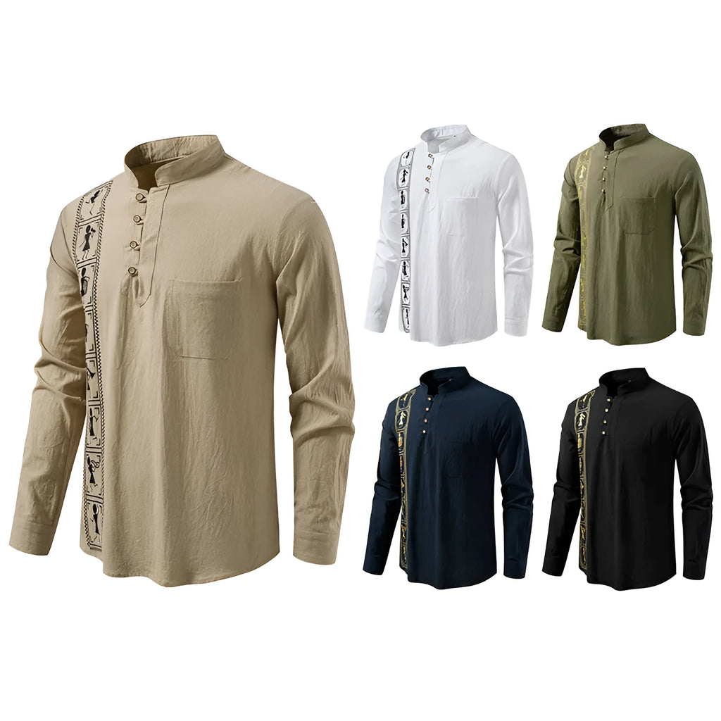 Men's solid colour cotton linen style slim fit pullover shirt in khaki, European sizes S-2XL