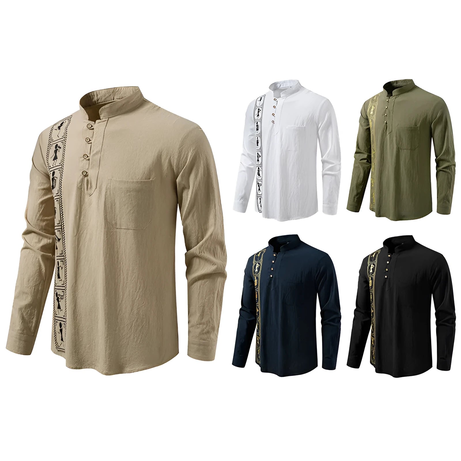 Men's solid colour cotton linen style slim fit pullover shirt in khaki, European sizes S-2XL