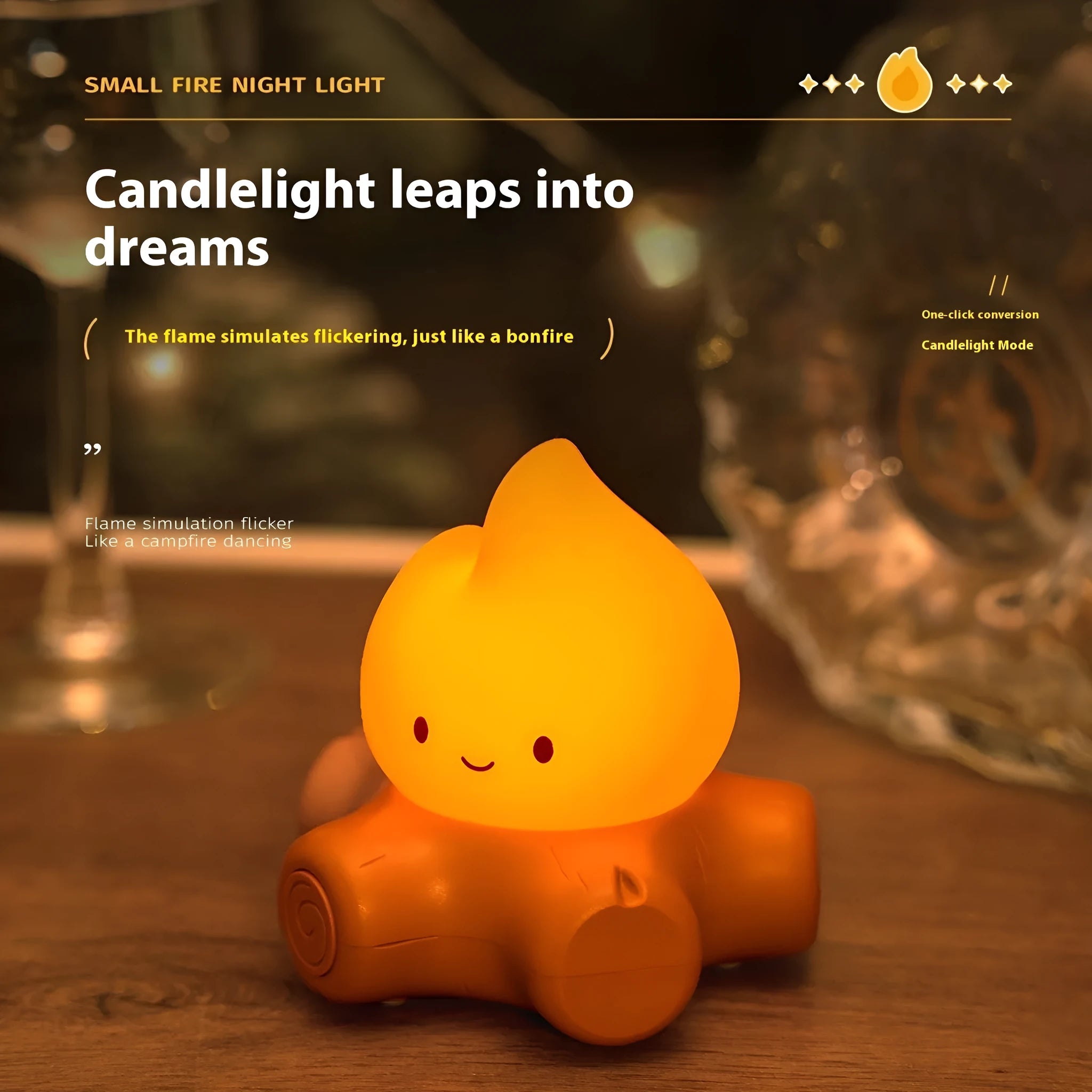 Cartoon small fire pile silicone night lamp with ABS shade on a wooden surface.