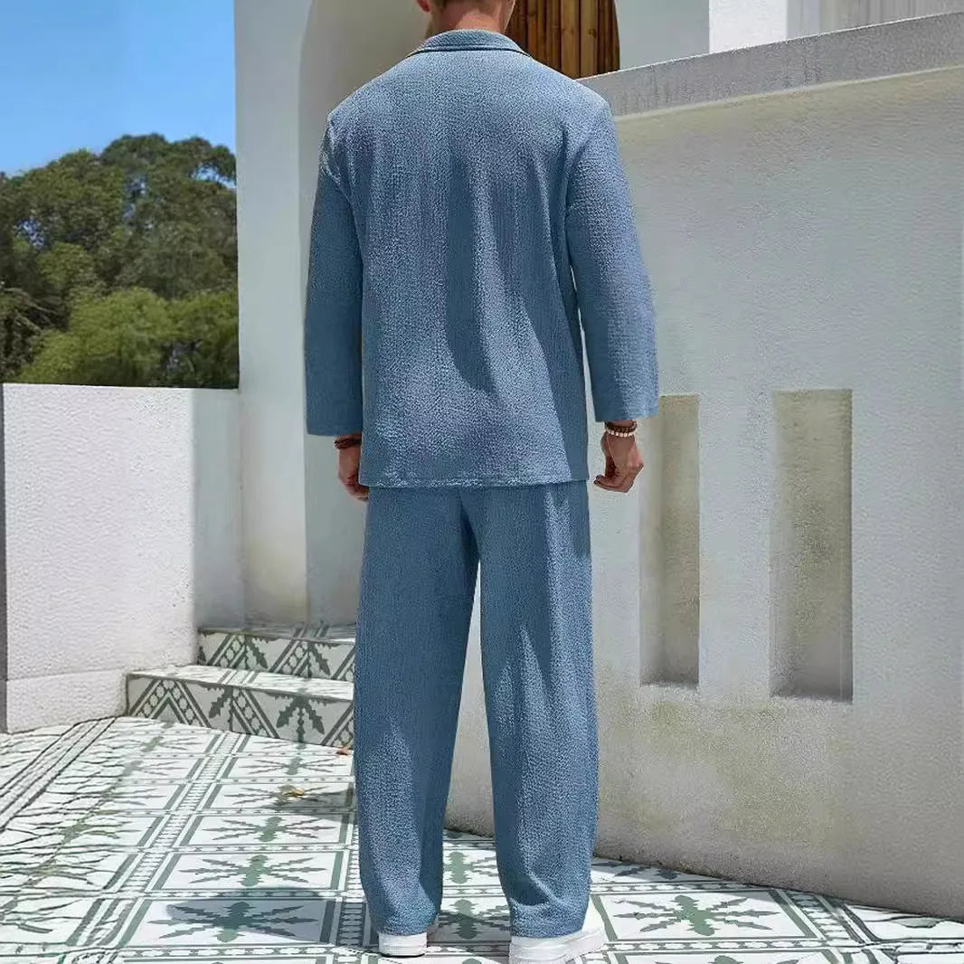 Men's casual polyester shirt trousers suit set in lake blue colour, showing complete two-piece outfit