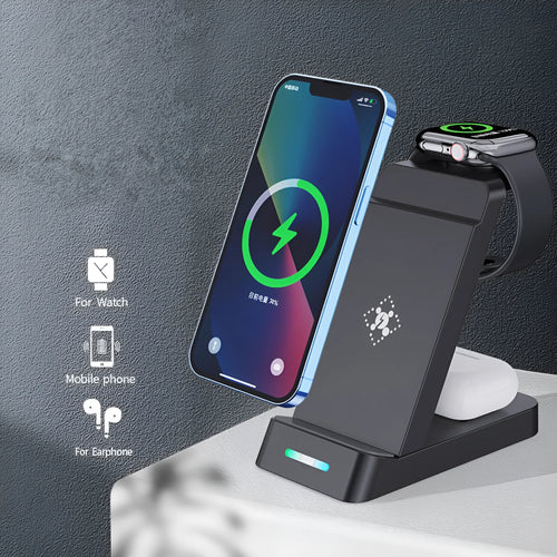 Black 3-in-1 wireless charging dock showing a phone charging vertically, with spots for AirPods and Apple Watch.