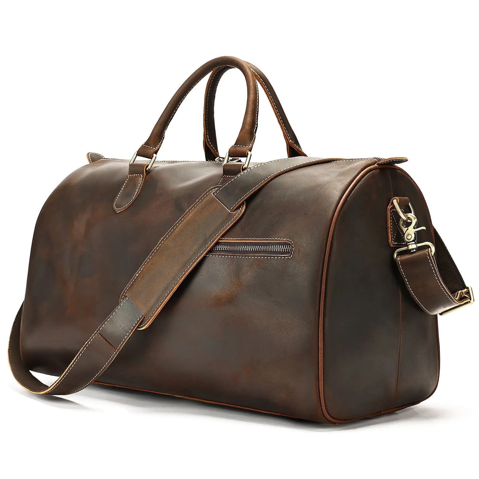 Men's vintage brown leather large crossbody bag with polyester cotton lining.