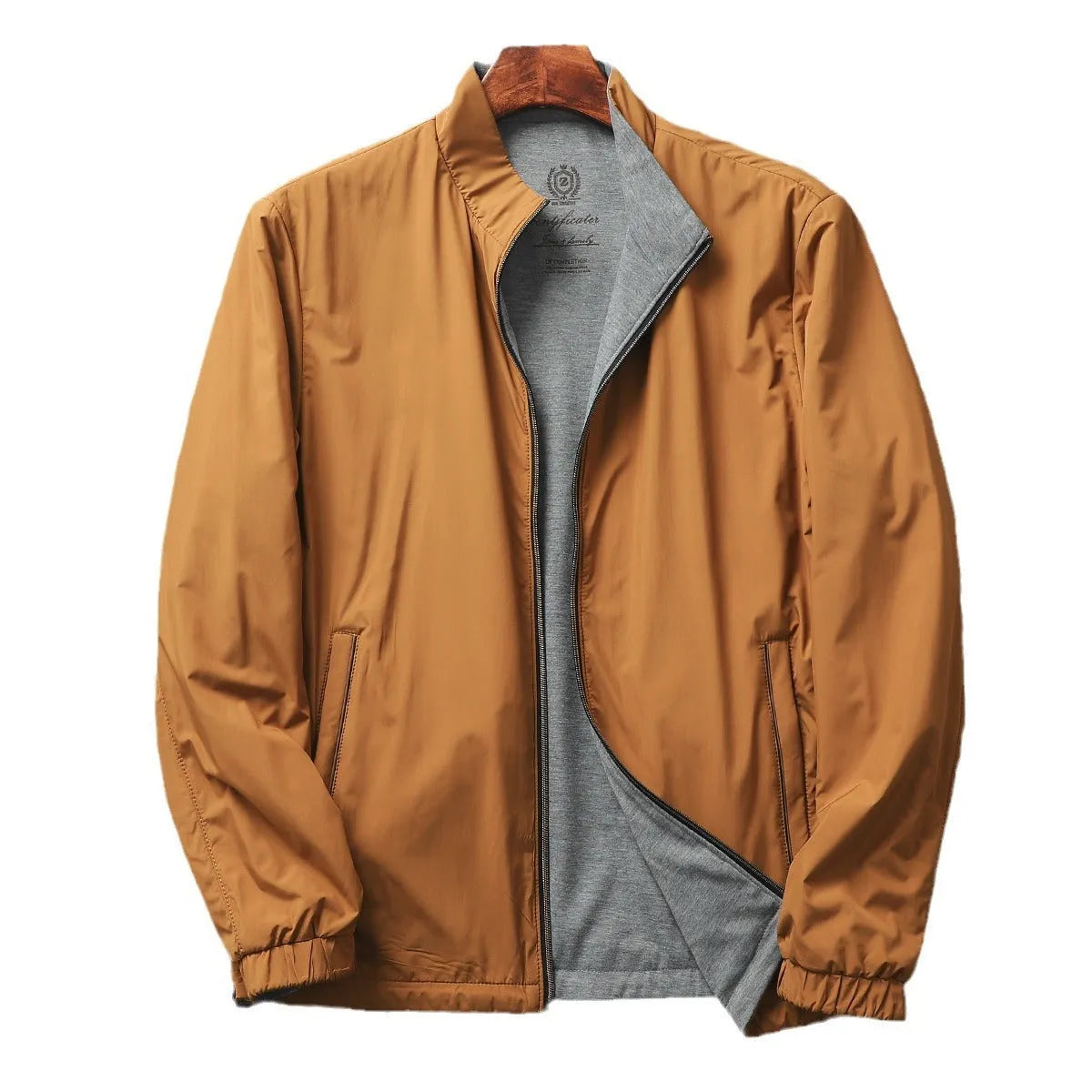 Men's stand collar casual jacket in army green with a simple design and regular sleeves.
