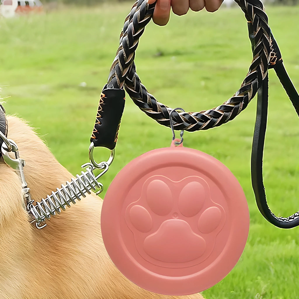 Portable outdoor dog bowl set in light green and pink, showing food bowl, water dish, and snack box compartment.