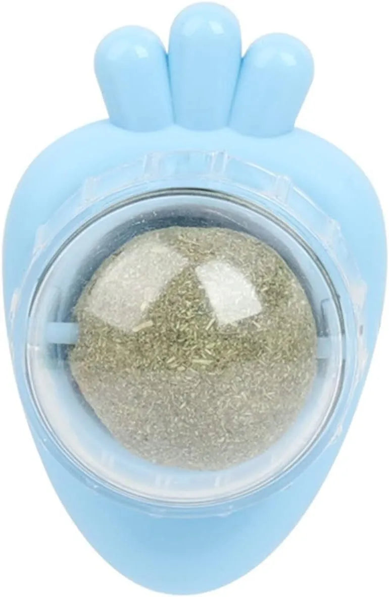 Blue carrot-shaped self-adhesive catnip wall balls for indoor cat teeth cleaning