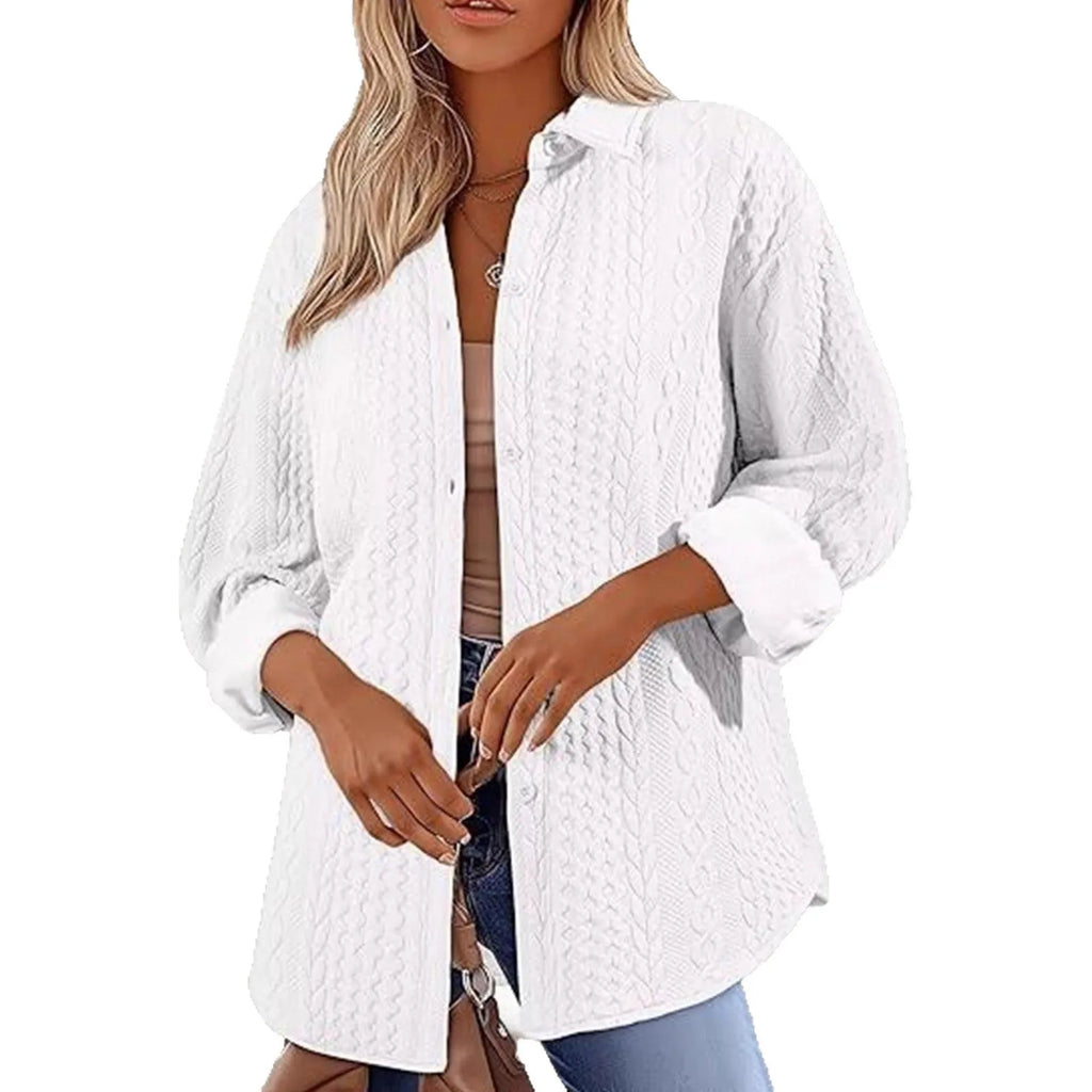 Women's solid colour long sleeve cardigan with contrast trim in black, white, or khaki