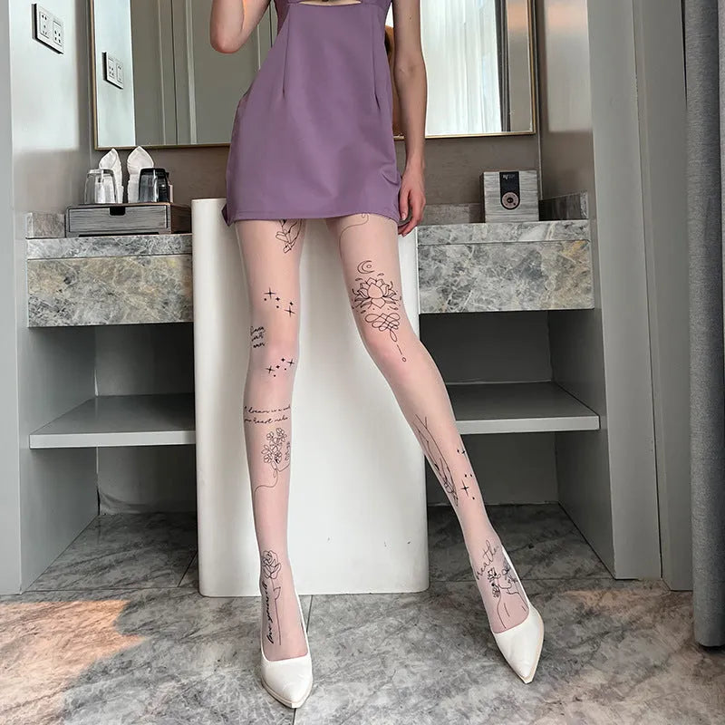 Thin black jacquard pantyhose with anti-snagging finish, laid flat next to skin colour and white printed options.
