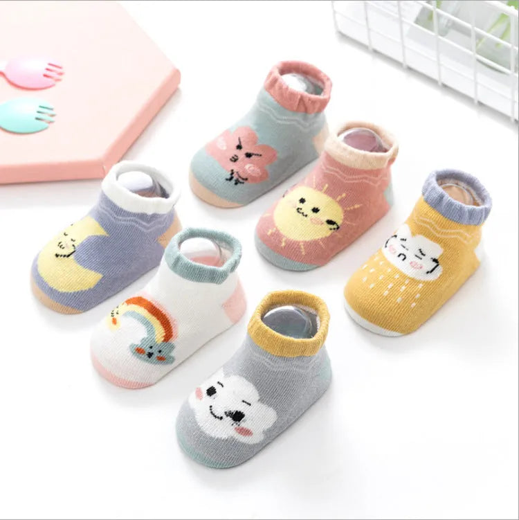 Baby combed cotton boat socks with stripes for 0-1 years old, yellow white cloud colour