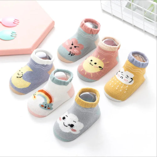 Baby combed cotton boat socks with stripes for 0-1 years old, yellow white cloud colour
