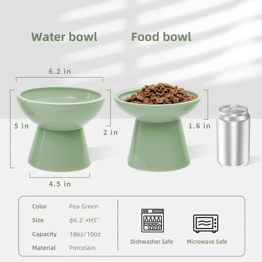 Elevated ceramic cat bowl with wide shallow dish for whisker fatigue prevention