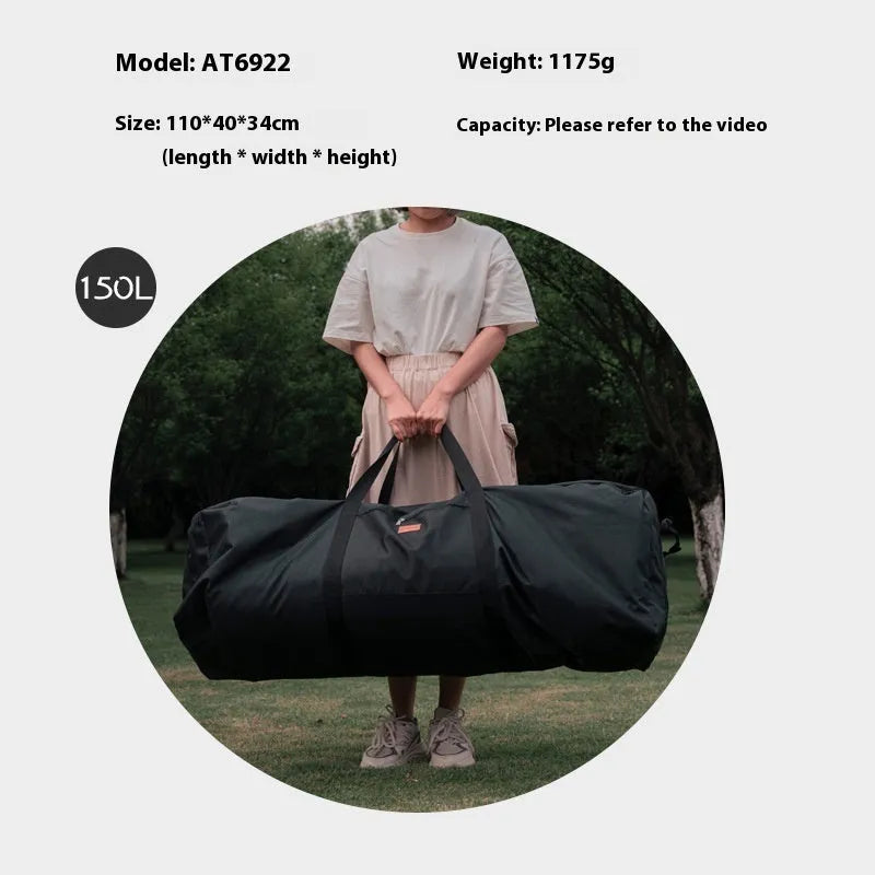 Large black waterproof storage bag for camping tables and chairs, shown folded and expanded, with 100L and 150L size options.