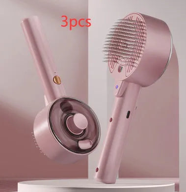 Ceramic white rechargeable pet grooming brush with UVC light and misting function on a dog's coat.