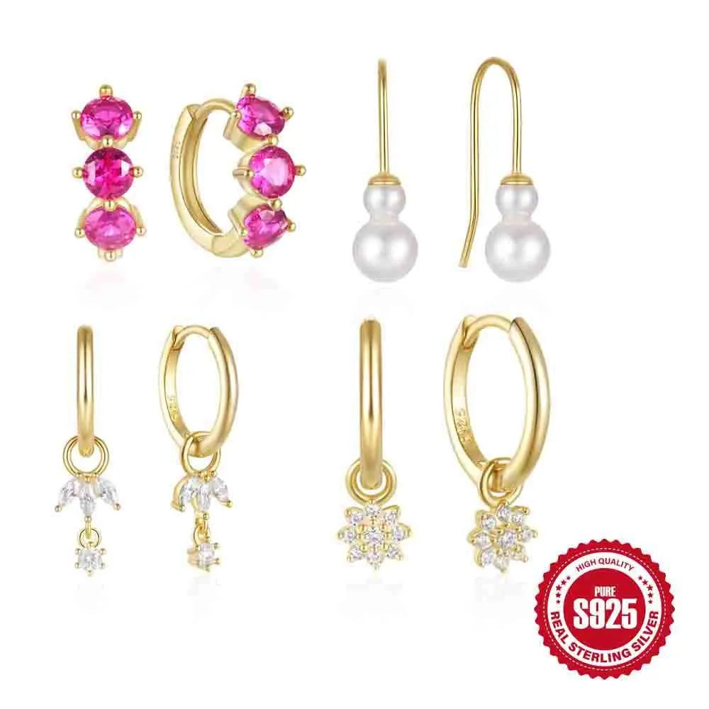 Sterling silver geometric earrings with sunflower design and zircon inlay in golden colour