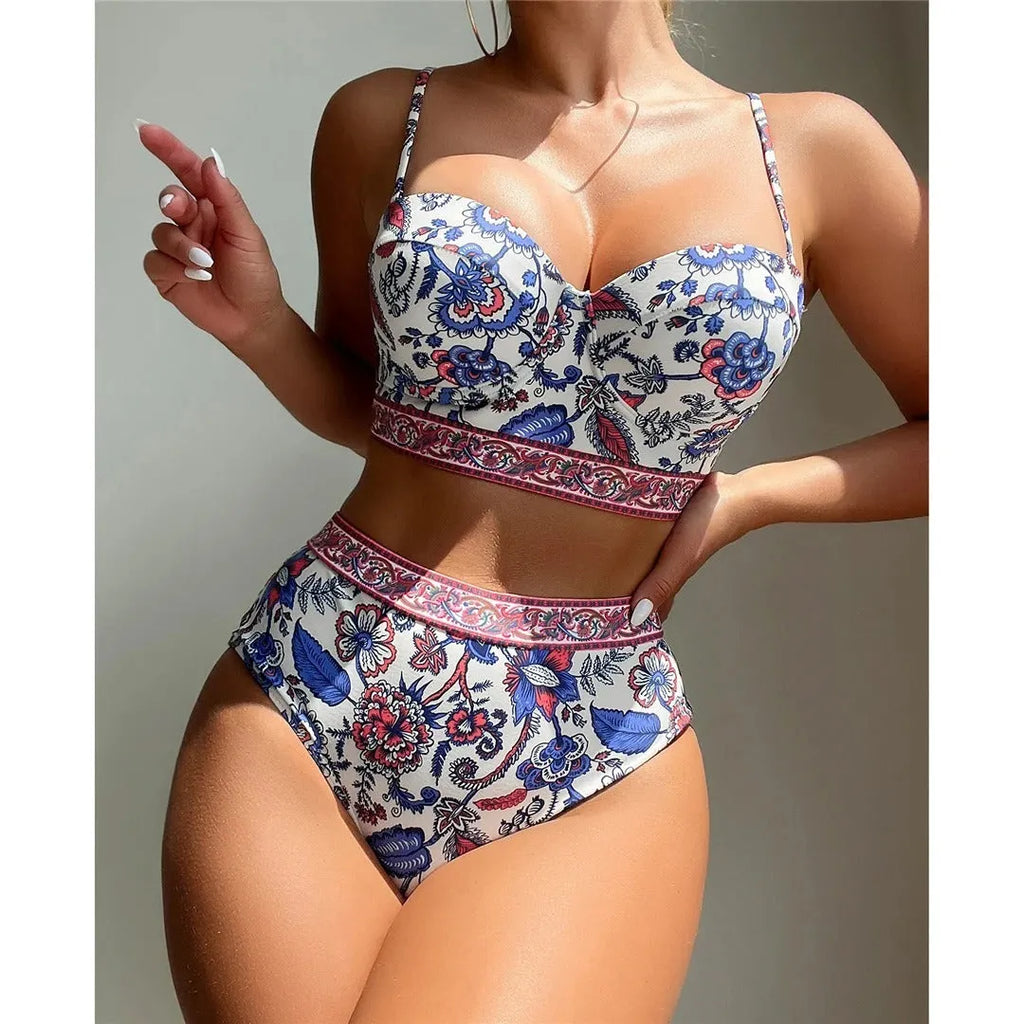 Blue women's high waist push-up bikini swimsuit with sleeveless design
