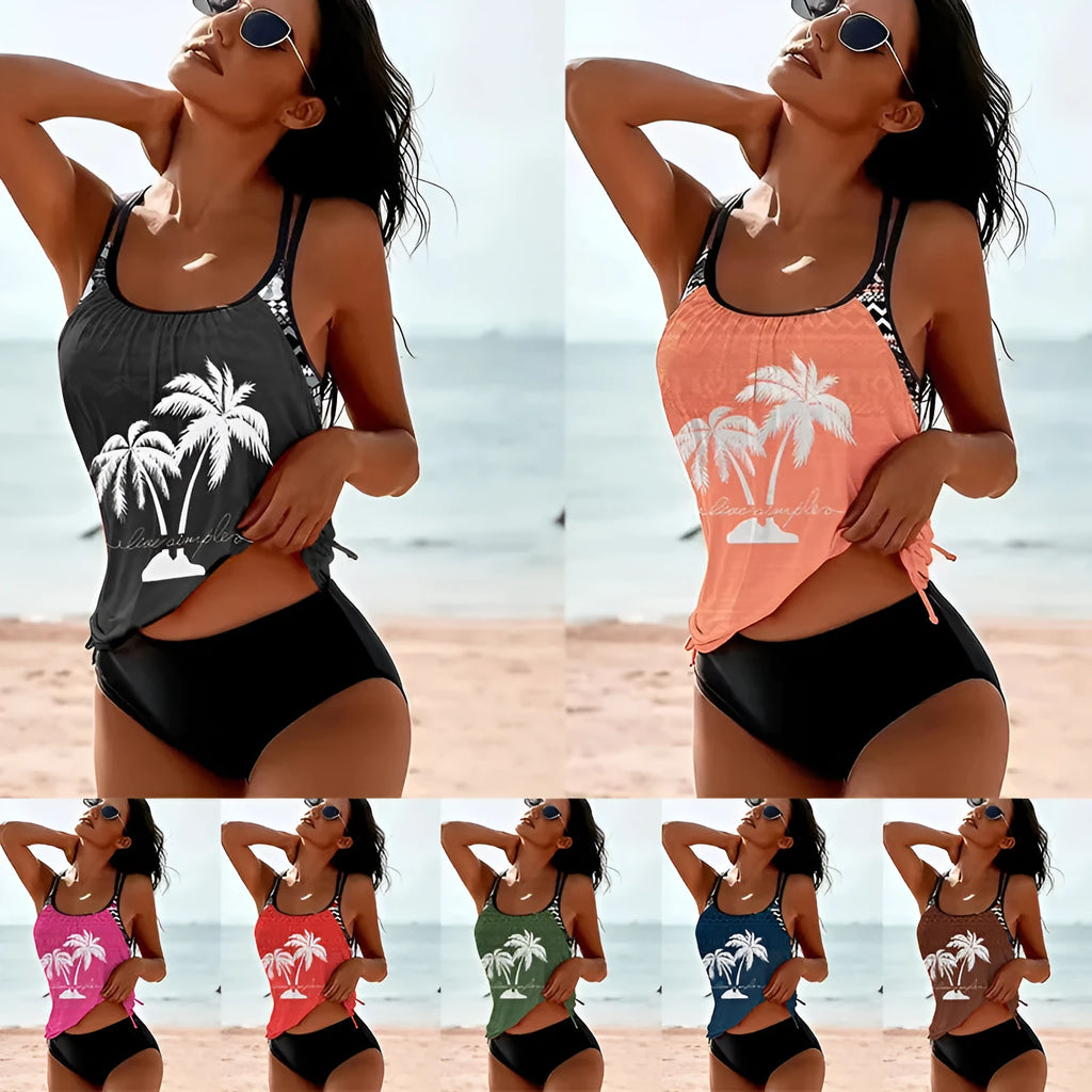 Women's loose-fit tangini bikini set in polyester, shown in army green colour with split-side design.