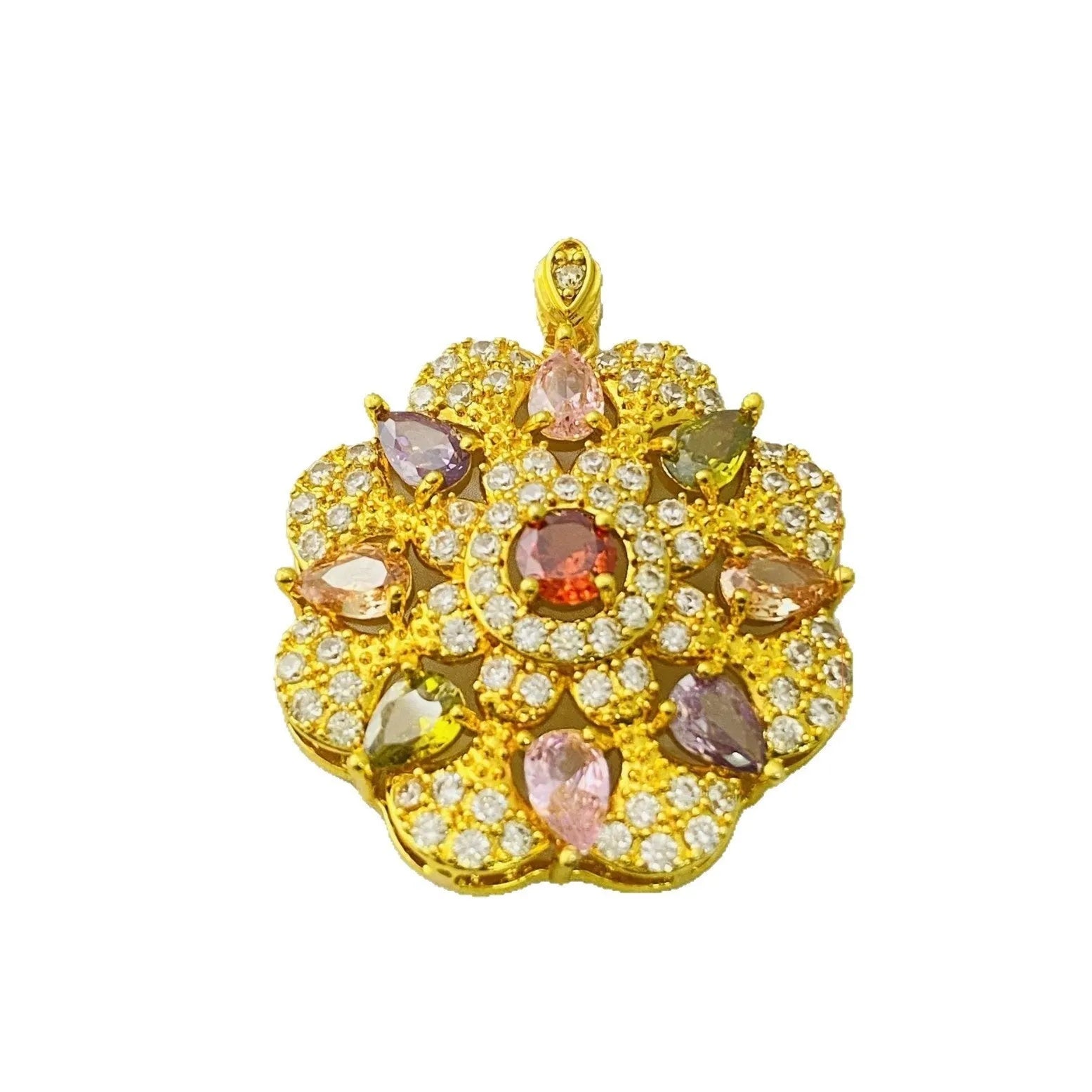 Women’s floral-shaped zircon pendant necklace in gold finish with optional matching chain