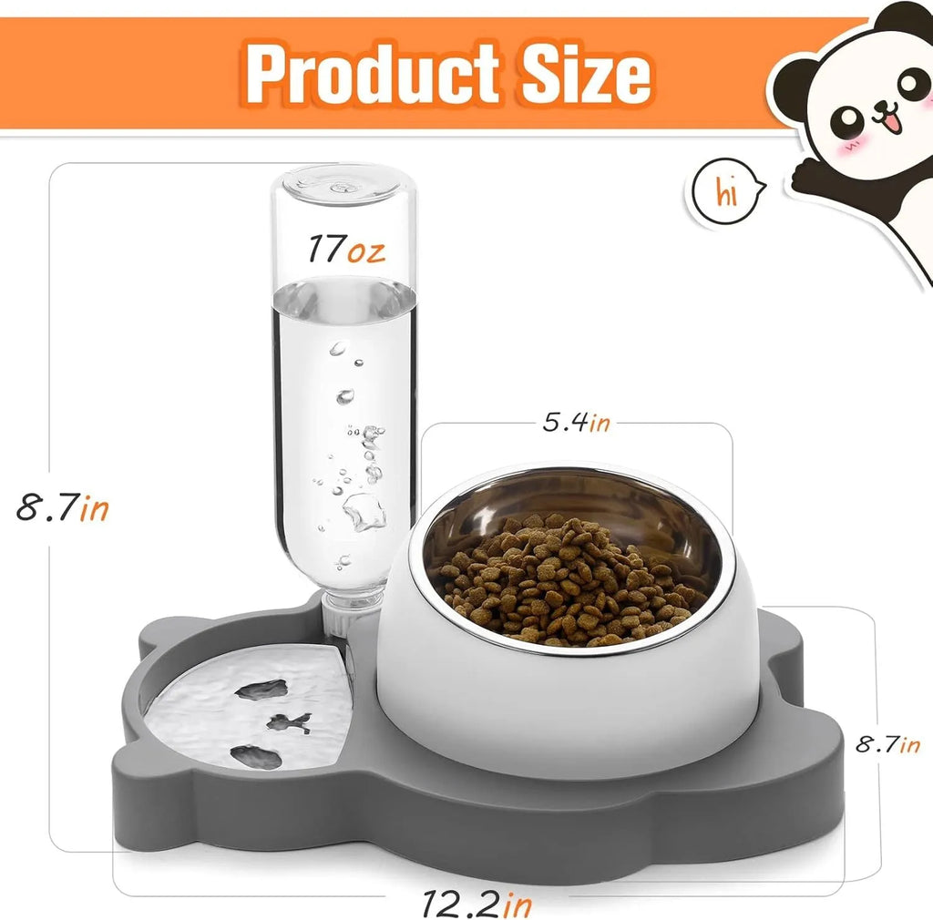 Grey panda-shaped pet feeder with automatic water bottle and tilted stainless steel bowls