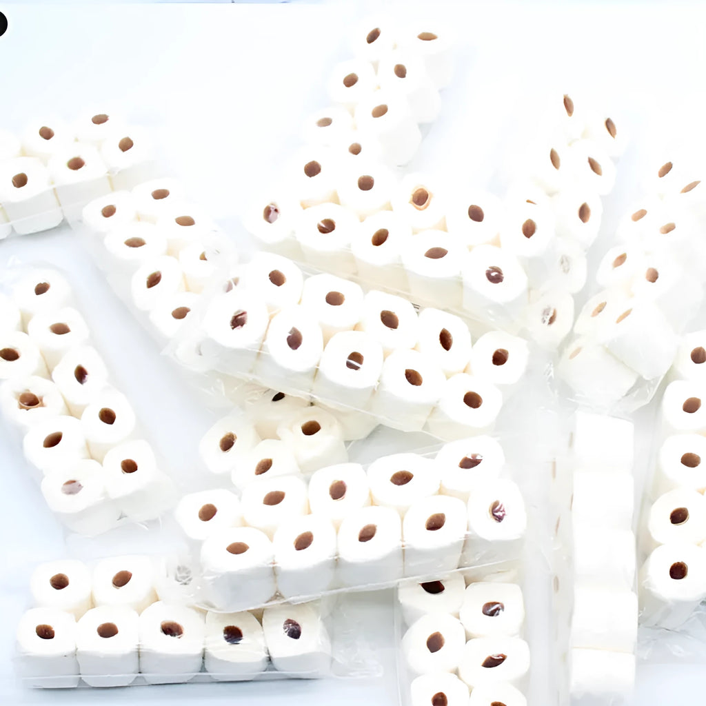 Miniature paper model of a tissue roll toy for children, dimensions 30mm by 15mm by 80mm.