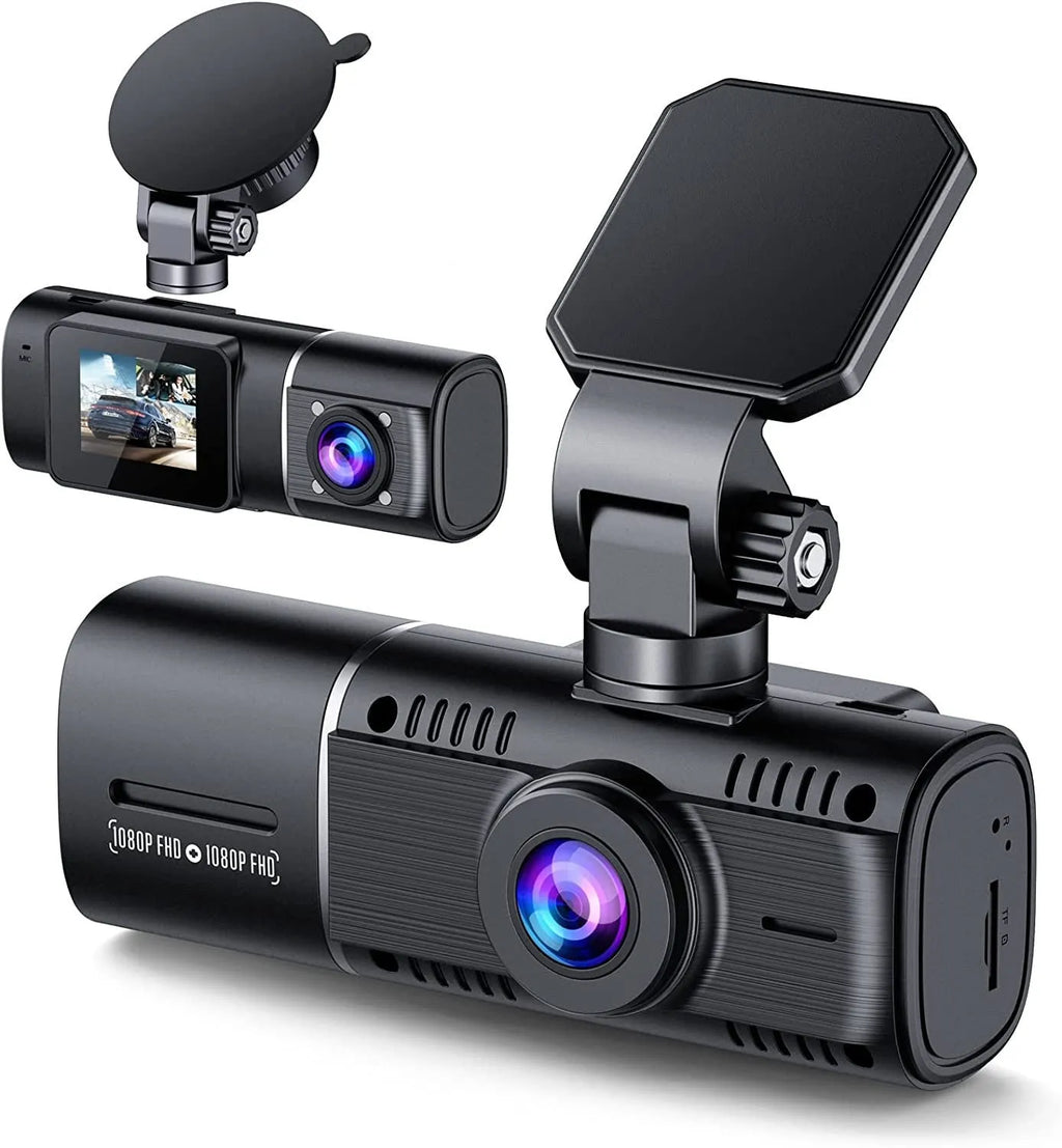 Standard black 1080p dual recording dash cam with a 1.5-inch screen on a car windscreen.