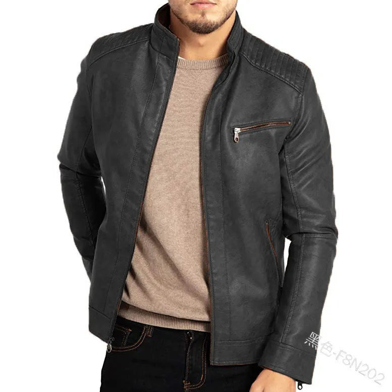 Men's brown artificial leather punk motorcycle jacket with stand collar